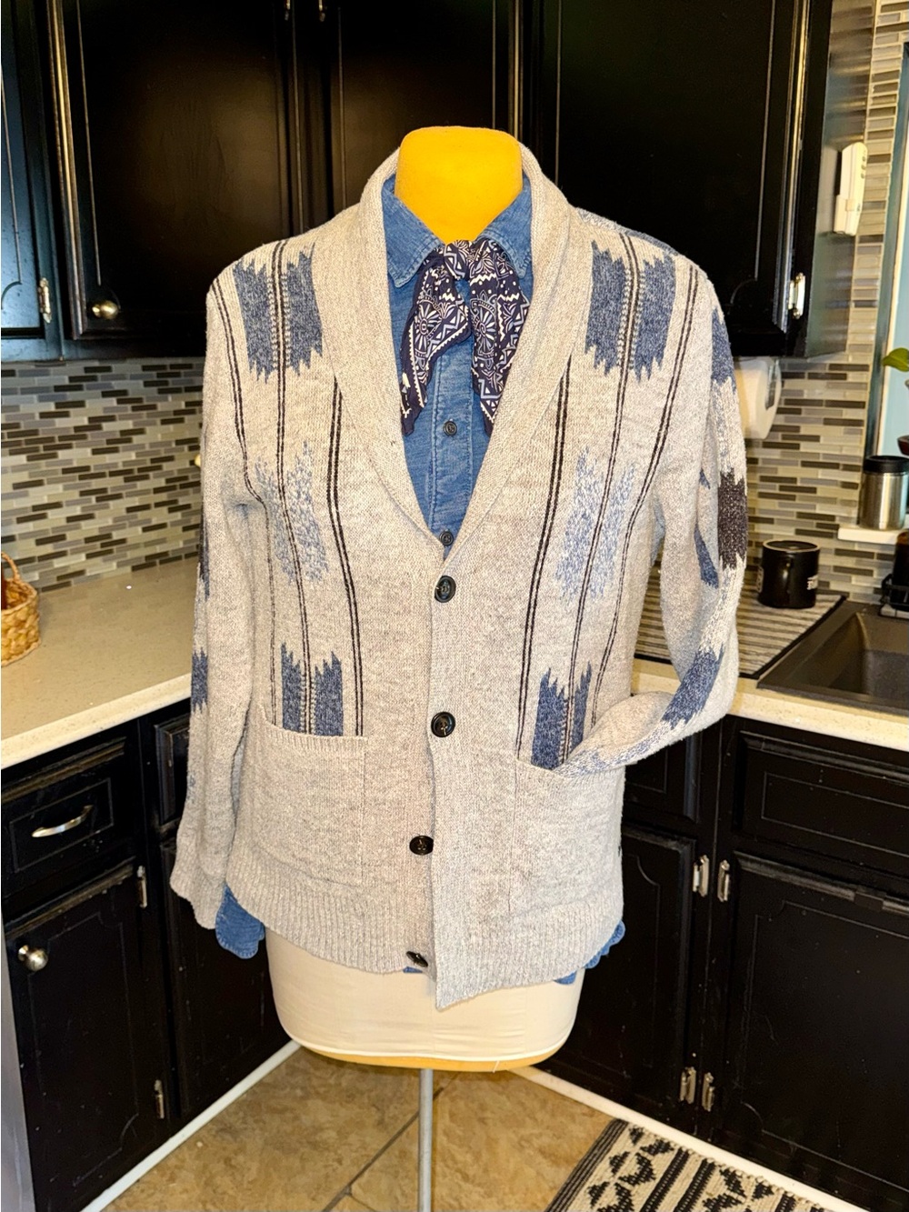 Lucky Brand 100% cotton Shawl Collar Chimayo pattern cardigan sweater